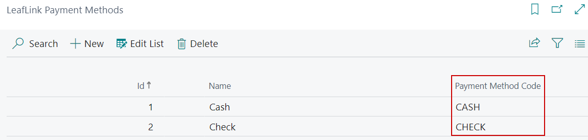 LeafLink Payment Methods Page's mapping to the BC Payment Method Code.
