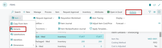 Item > Action > Variants